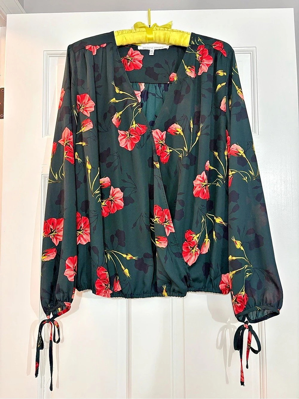 Collective Concepts Floral Faux Wrap Blouse With Tie Detail Green Pink XXL